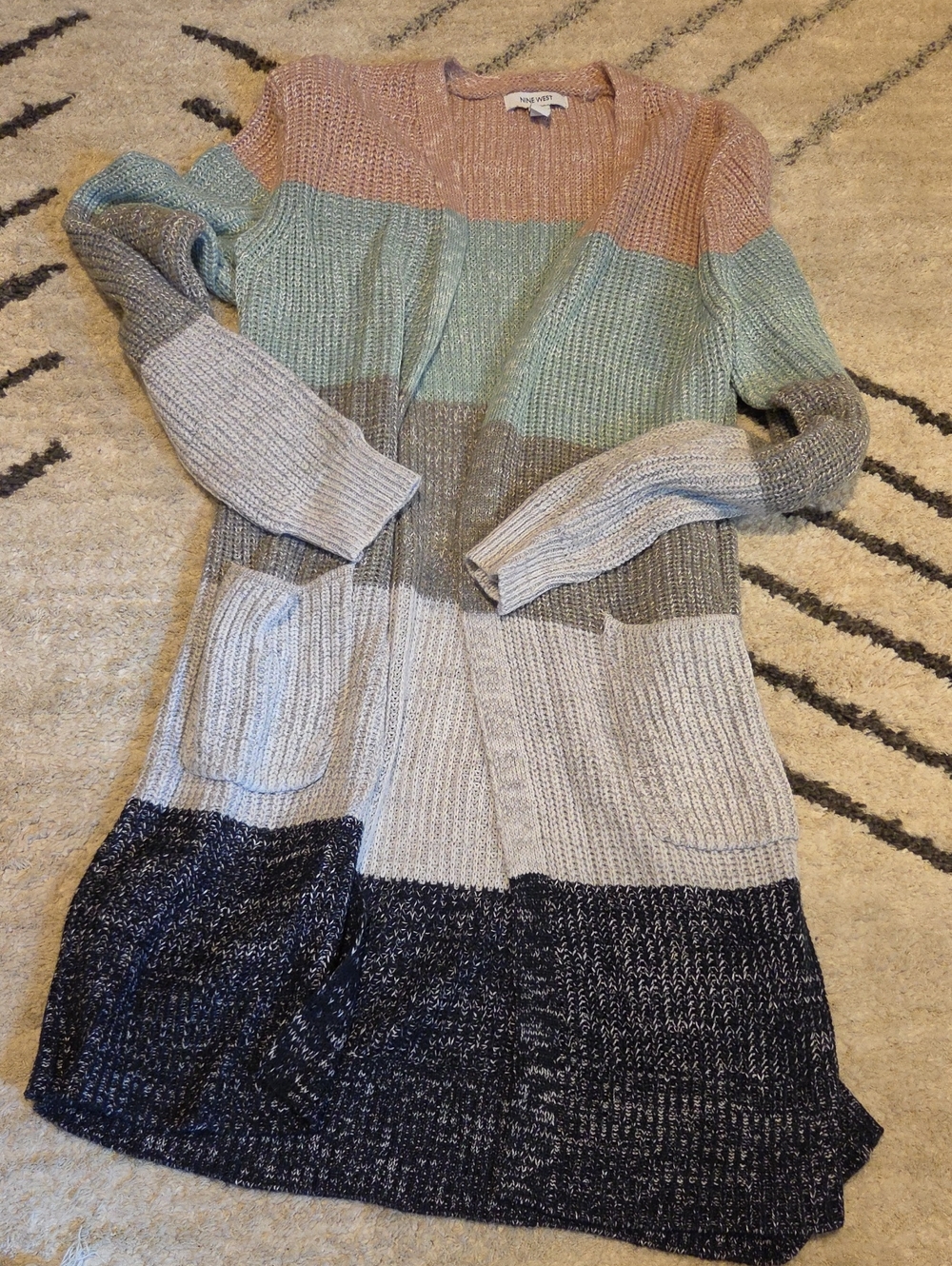 Nine West Multi-Stripe Open-Front Knit Cardigan - Pink, Mint, Gray, Navy